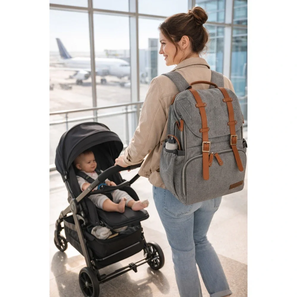 Canway Diaper Bag Backpack Gray‎ Brown Leather Trim Travel Baby Bag Large Multi